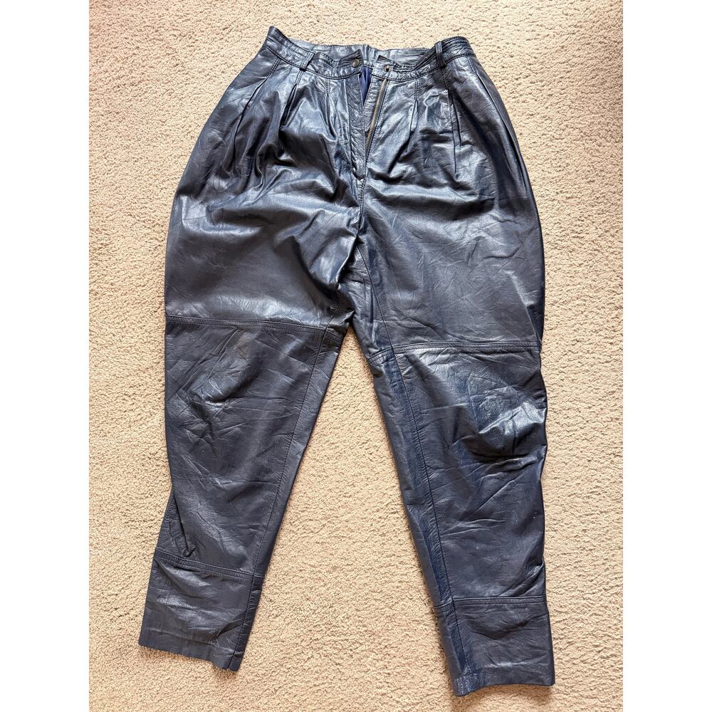 Navy Blue High Waist Leather Barrel Leg Pants